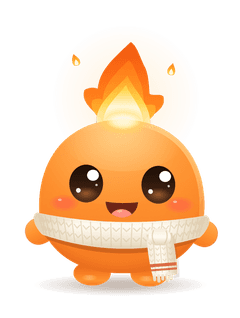 Toasty, la mascotte di Calorix: una piccola brace arancione e rotonda con una fiammella in testa e una sciarpa di lana color crema